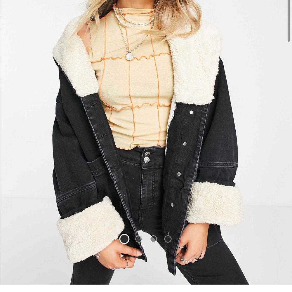 Topshop Black Jacket with Cream Sherpa Collar